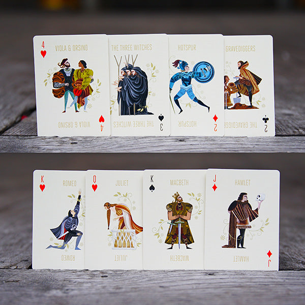Playing cards featuring colourful illustration of a Shakespeare's characters.
