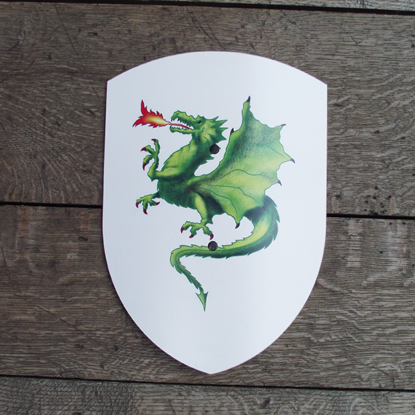 Toy shield made of beech wood. The shield is white and printed with a detailed green dragon breathing fire.