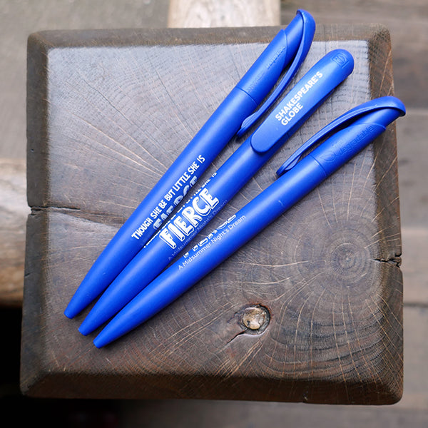Mid-blue bioplastic ballpoint pen printed on the barrel with a quote from Shakespeare play, A Midsummer Night's Dream,