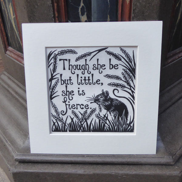 Hand-printed image in black on white Japanese paper. A field mouse in a corn field with a quote from Shakespeare play, A Midsummer Night's Dream,