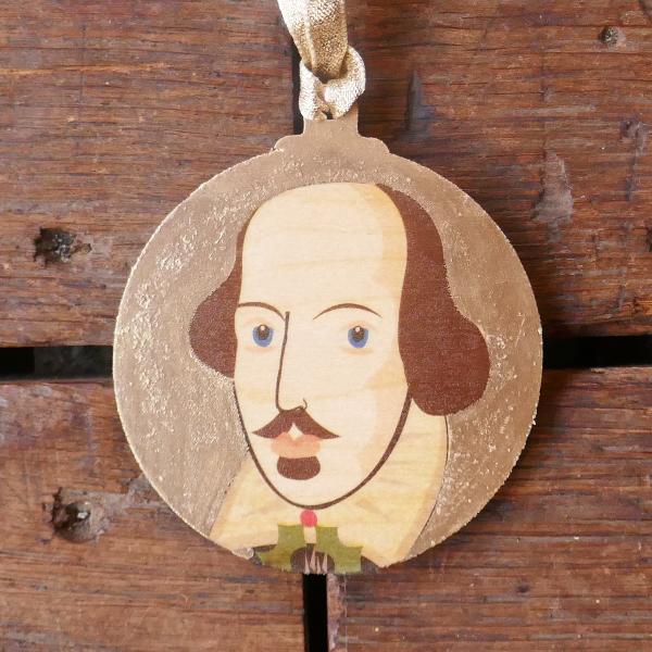 Round gold Christmas decoration with William Shakespeare portrait
