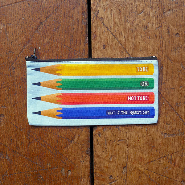 White cotton pencil case with black zipper, featuring for pencils, from top to bottom, yellow, green, red, blue