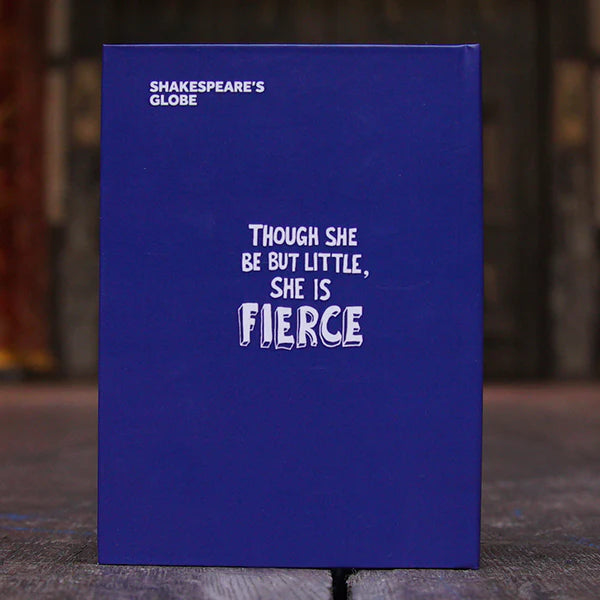 reverse of a blue hardback journal celebrating A Midsummer Night's Dream, printed centrally with a quote from the play, "though she be but little, she is fierce"