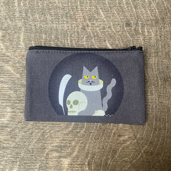 Grey cotton purse with black zipper on top and black circular graphic on the centre front and back with Shakespeares cat