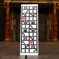 Large card bookmark with a white background, printed in black with representations of the architectural panels that make up the Globe Theatre's wooden frame. A bright red graphic heart sits inside two of the frames.