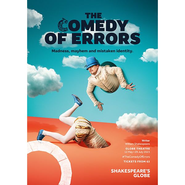 Official poster for the 2023 summer season production of The Comedy of Errors in Shakespeare's Globe Theatre