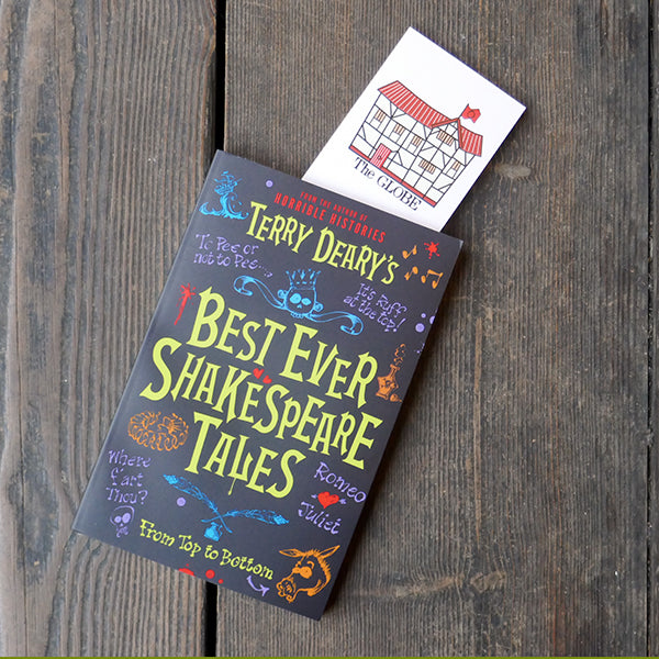 Large card bookmark (white) printed with a friendly cartoon image of the Globe Theatre. The Theatre has cream walls and a red roof and door. Shown with a copy of 'Best Ever Shakespeare Tales' by Terry Deary