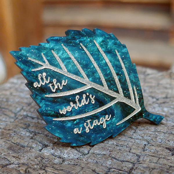 Jewel green leaf brooch with gold engraved text
