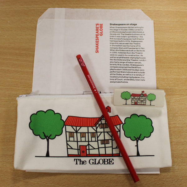 White paper bag with white cotton pencil case and red pencil and white eraser on top