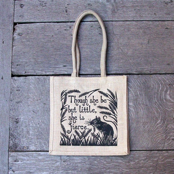 Natural just bag with black graphic print of mouse on the grass and stylised black text