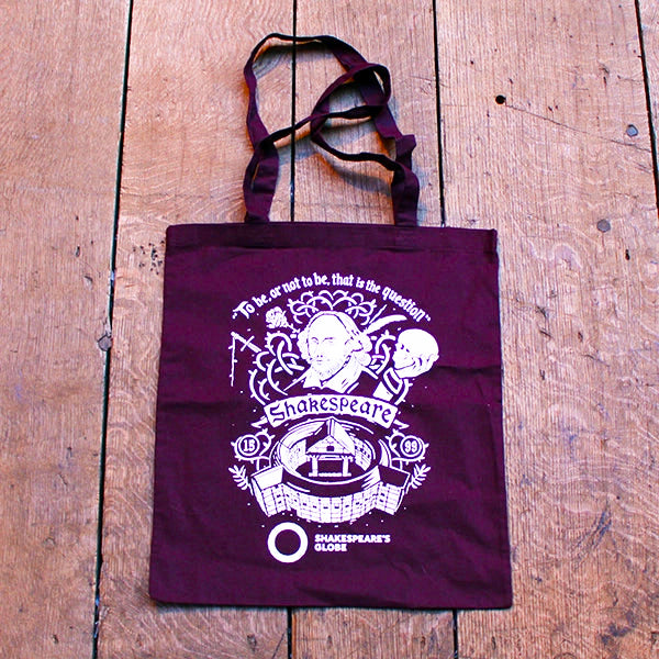 Purple cotton bag with a white print of Shakespeare and the Globe Theatre