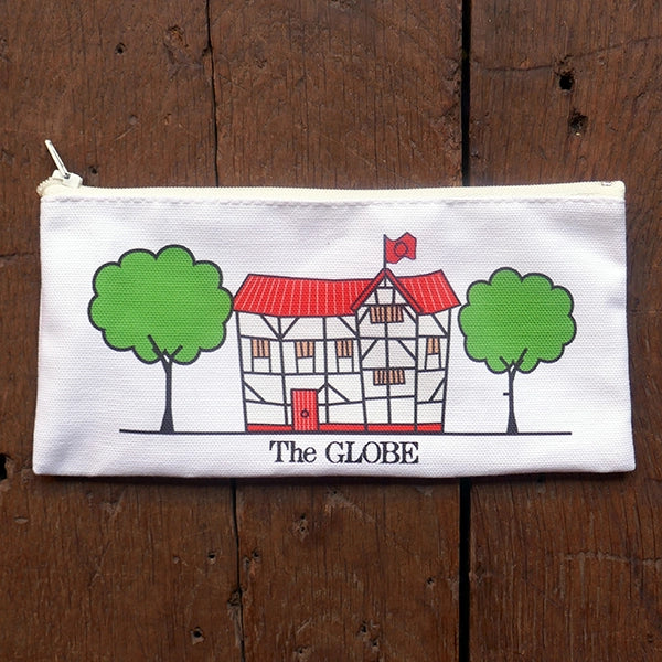 White cotton pencil case with white zipper, with cartoon Globe graphic flanked by 2 cartoon trees
