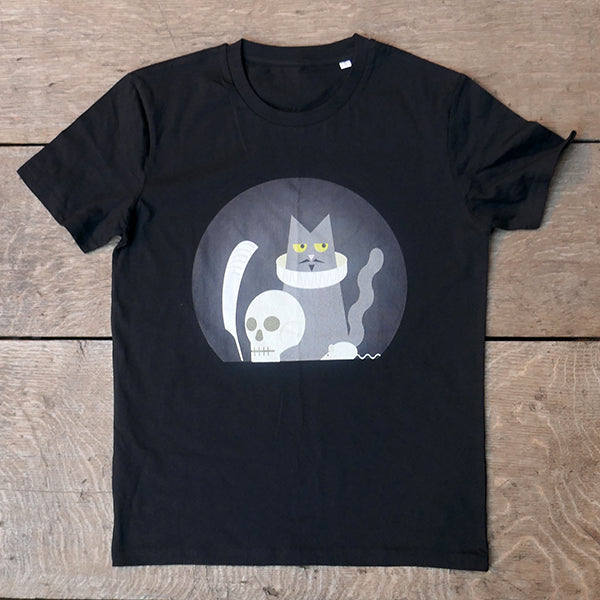 Black round-necked, short-sleeved cotton t-shirt printed with a cartoon image of a grey cat wearing an Elizabethan ruff.