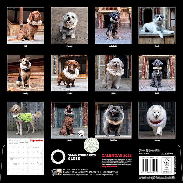 Black square calendar back cover with thumbnails depicting each month and a new dog in a ruff on the Globe stage