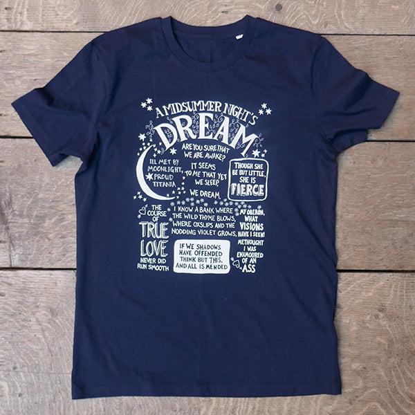 Navy blue cotton short sleeve t-shirt with a large white typographic print on the front