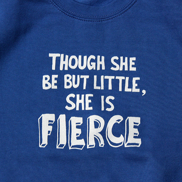 Royal blue kids sweatshirt with big white graphic text on the front