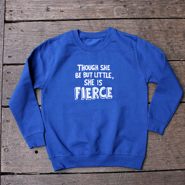 
                      
                        Royal blue kids sweatshirt with big white graphic text on the front
                      
                    