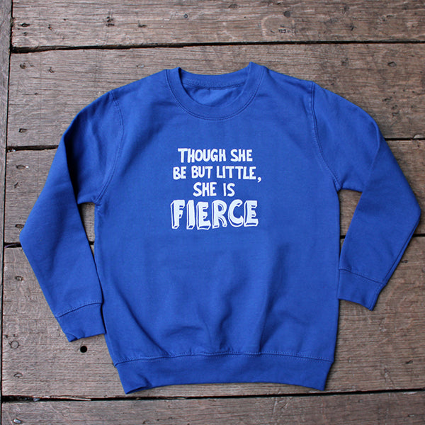 Royal blue kids sweatshirt with big white graphic text on the front