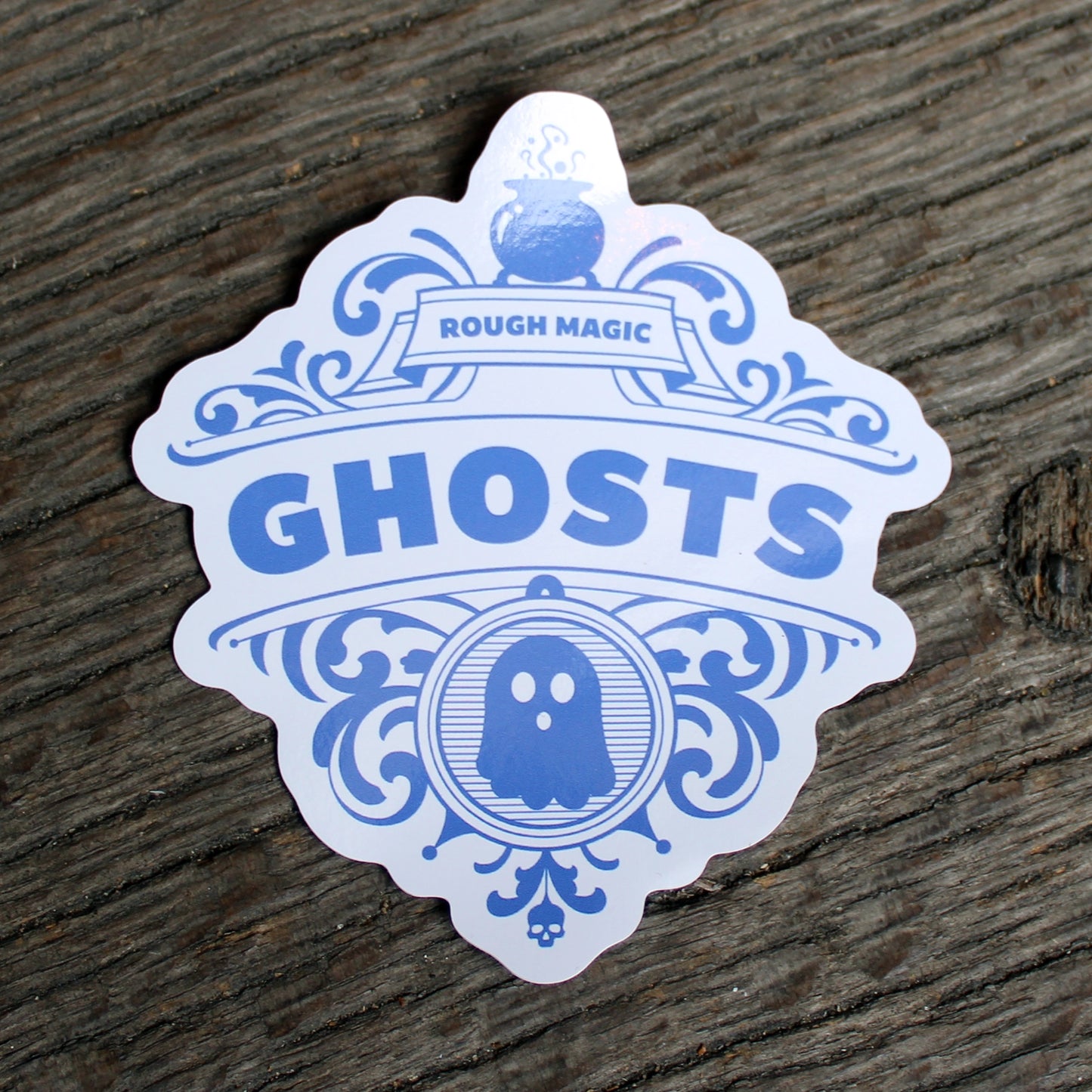 White sticker with a blue motif