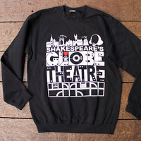 Black sweatshirt with white graphic text and print depicting London skyline, featuring single red heart