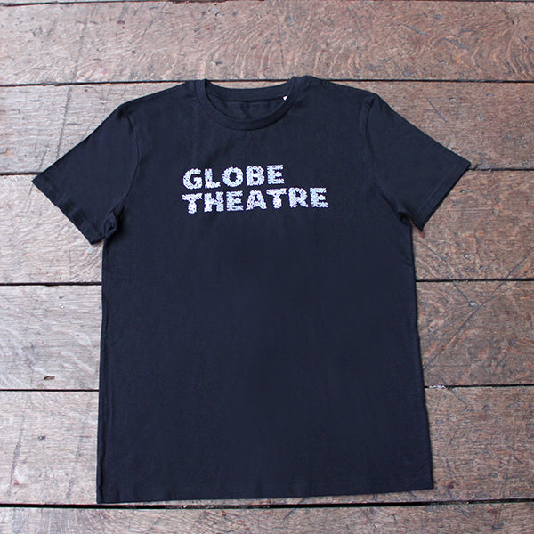 Black t-shirt with white graphic text in centre front