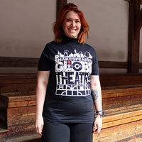 Black t-shirt with white silhouette of London landmarks and red heart.