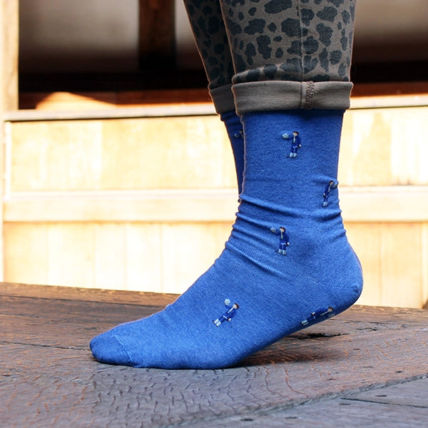 Royal blue cotton blend socks with repeating pattern of Hamlet holding a skull, spaced 1 inch apart