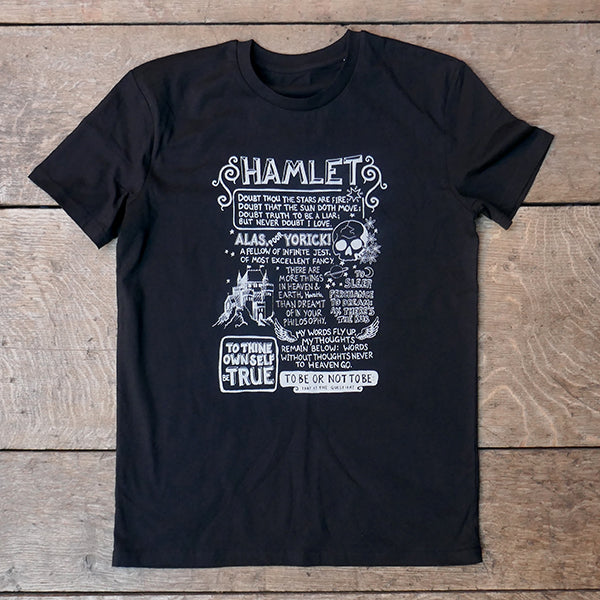 black cotton t-shirt with a text-based large print on the chest