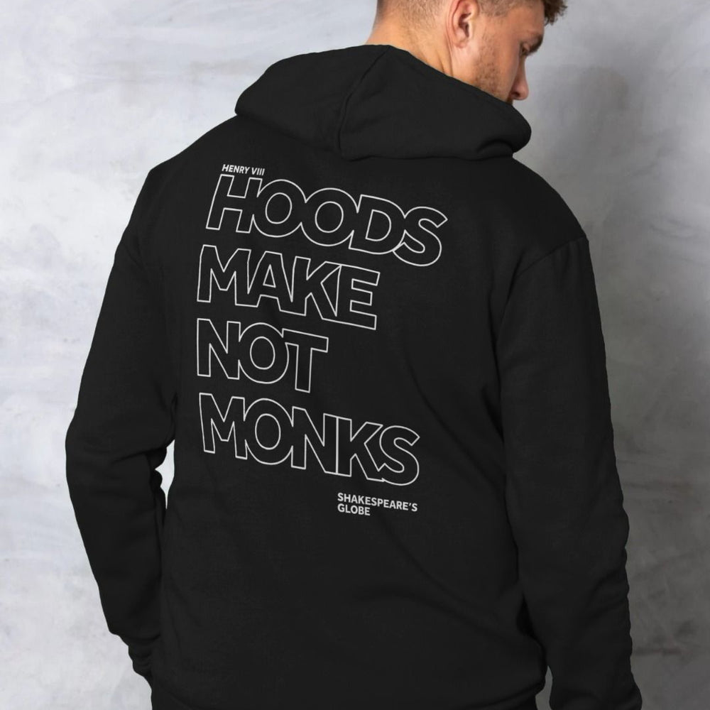 Black cotton hoodie with a large back print of a quote n outline white text