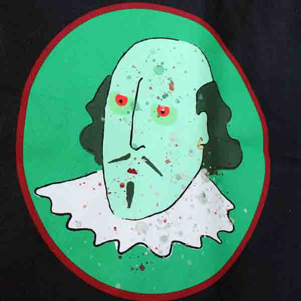 
                  
                    Black cotton t-shirt with a round neck and a print of a zombified Shakespeare on a green oval
                  
                