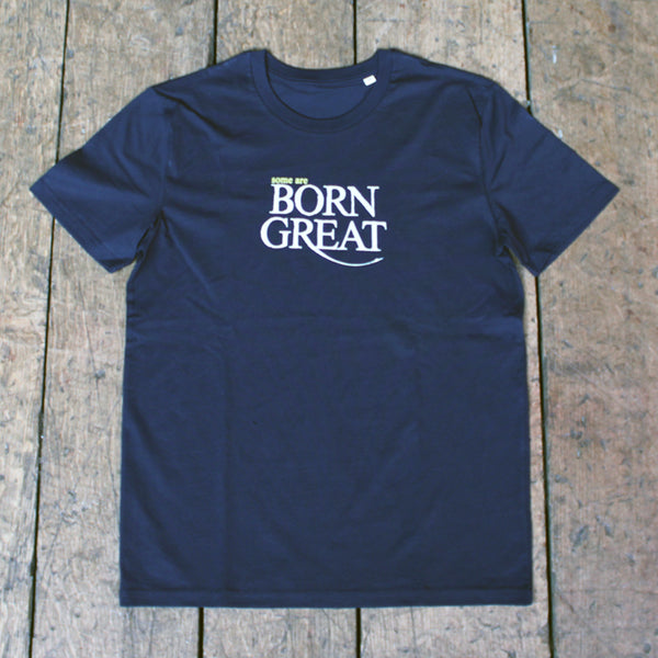 Navy blue t-shirt with white graphic text in centre