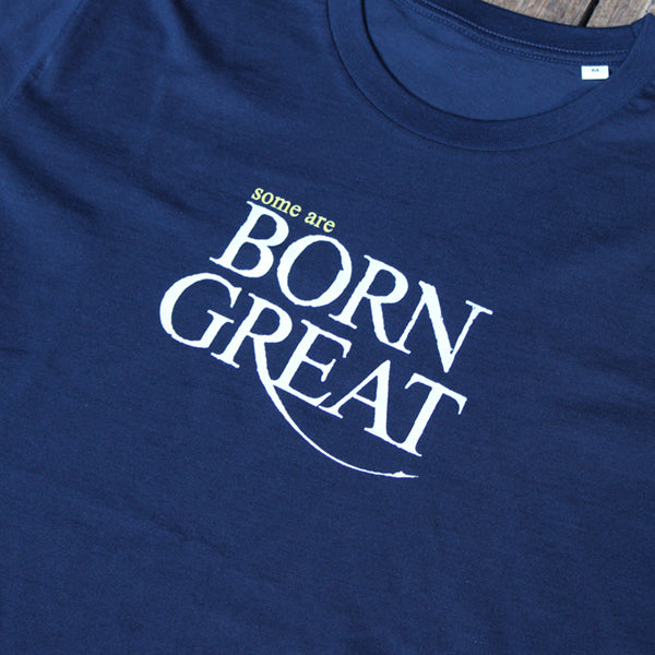 
                  
                    Navy blue t-shirt with white graphic text in centre
                  
                