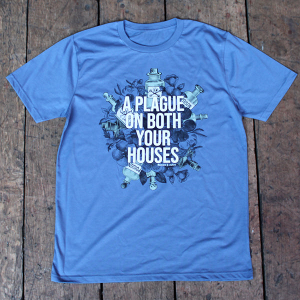 Pale blue t-shirt with white, grey blue and dark blue graphic in centre with white graphic text