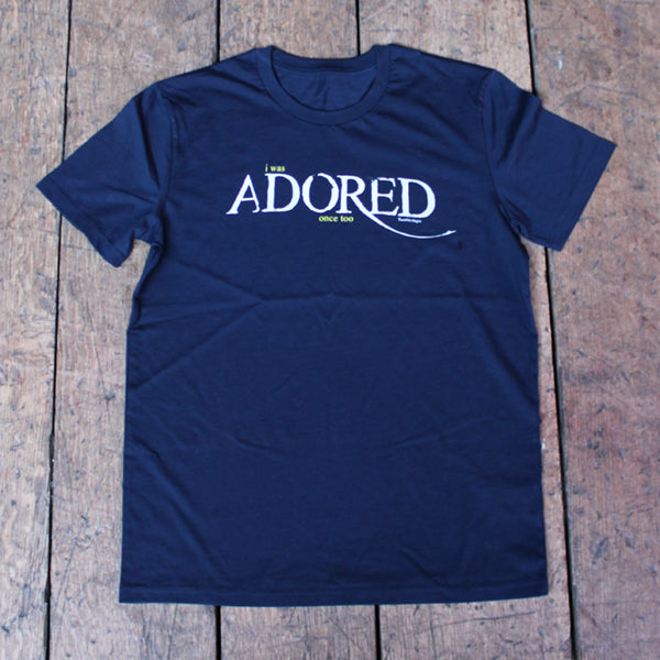 Navy blue t-shirt with centred white graphic text