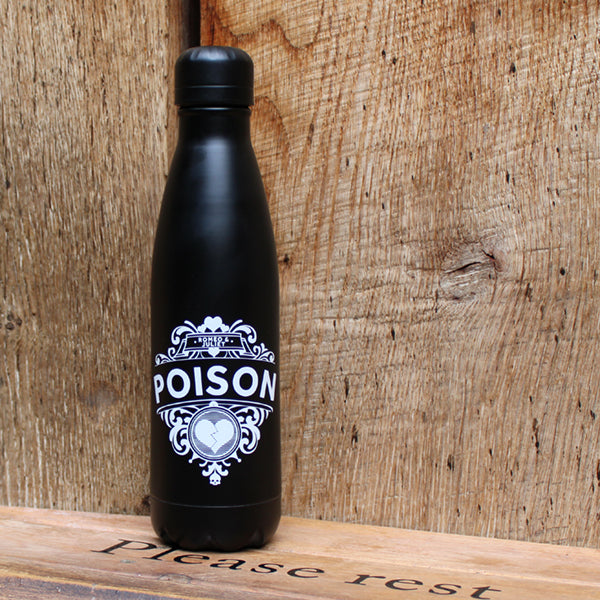 Black matt water bottle with white graphic text and image on centre front