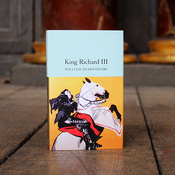 Hardback book with paper sleeve, pale blue on top and yellow on bottom with horseback knight