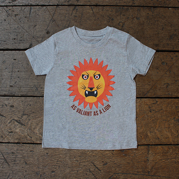 Heathered pale grey cotton t-shirt with orange and yellow cartoon roaring lion face in centre