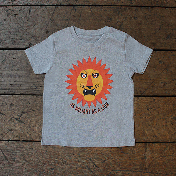 Grey marled Shakespeare t-shirt for children featuring an orange and yellow graphic lion face and black and orange graphic text