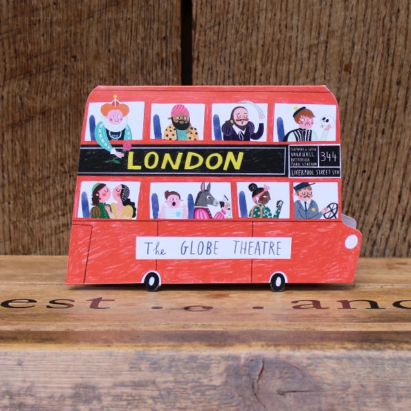 
                      
                        Greetings card shaped like a red London bus with various characters at the windows
                      
                    