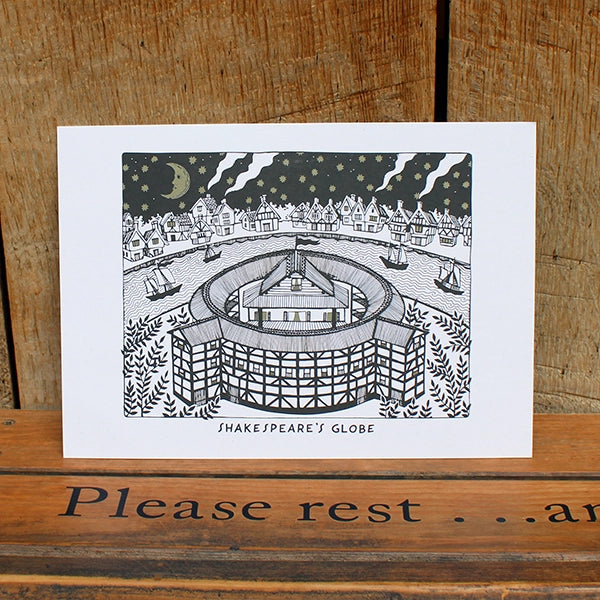 
                  
                    Black and white etching style print of the Globe Theatre
                  
                