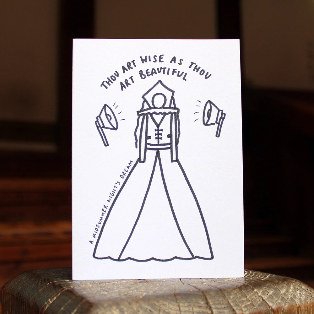 white card with a black line drawing of a woman in tudor dress with a quote above