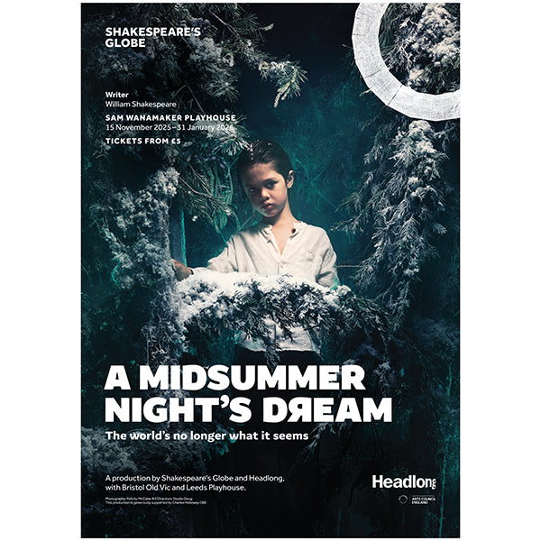 Promotional poster for 'A Midsummer Night's Dream' with a young actor on stage surrounded by props.