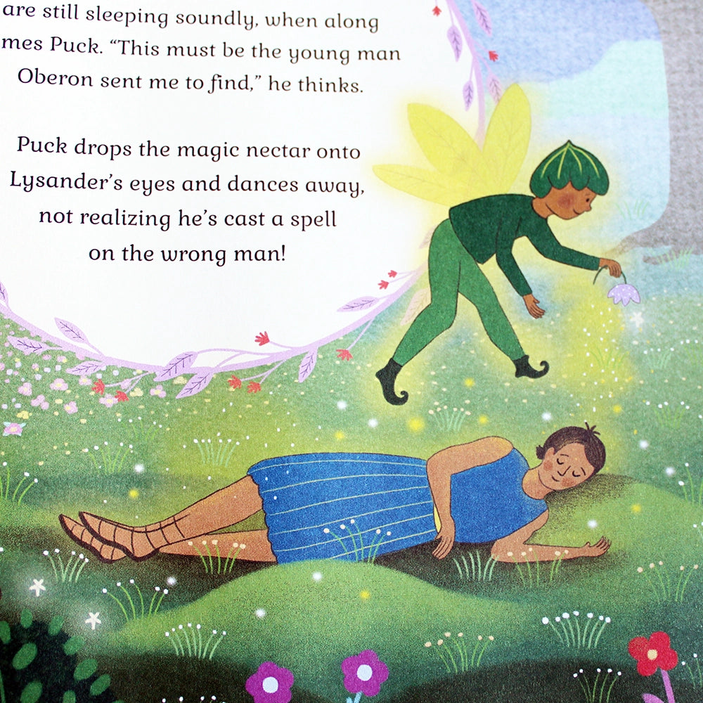 
                      
                        Illustration of a young woman in a blue dress asleep on green grass. A green airy hovers above her
                      
                    