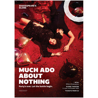 poster depicting a man and a woman lying on a red carpet with party balloons and glitter all around