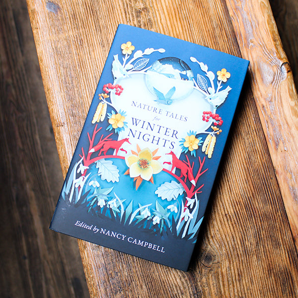 Book titled 'Nature Tales for Winter Nights' by Nancy Campbell on a wooden surface