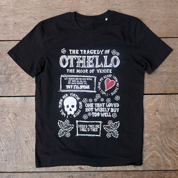 Black t-shirt with white graphic text all over the front, quotes from Othello and doodles of skulls, hearts, leaves