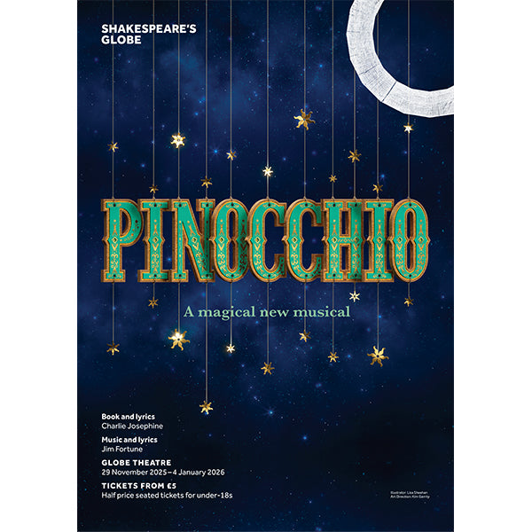 Promotional poster for 'Pinocchio' musical at Shakespeare's Globe with stars and moon on dark blue background