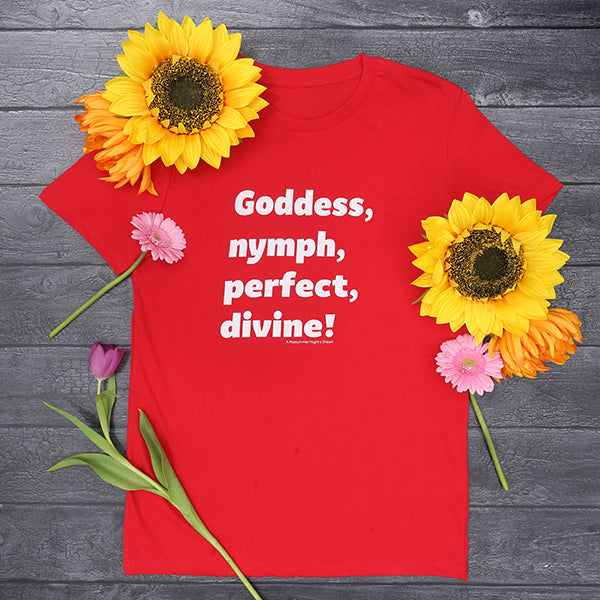 Red t-shirt with white graphic text down centre front with scattered flowers as decoration