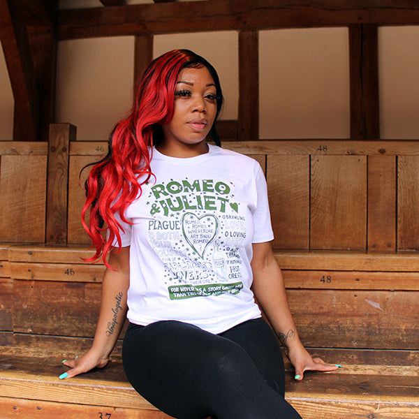 White cotton t-shirt with green graphic text of famous quotes from Romeo and Juliet