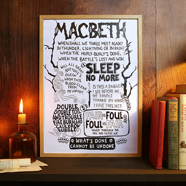 Framed print of 'Macbeth' text on a wooden shelf with books and a candle.